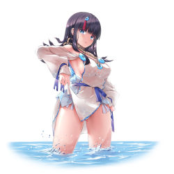 Rule 34 | 1girl, absurdres, artist request, bare shoulders, black hair, blue eyes, blue ribbon, blush, breasts, dress, fate/grand order, fate/requiem, fate (series), fundoshi, highres, japanese clothes, jewelry, large breasts, long sleeves, looking at viewer, magatama, magatama hair ornament, medium hair, multicolored hair, necklace, parted lips, pelvic curtain, pink hair, puffy long sleeves, puffy sleeves, ribbon, short dress, sideboob, sideless outfit, simple background, solo, streaked hair, thighs, utsumi erice, wading, water, wet, white background, white dress