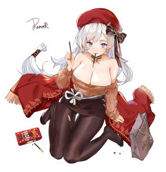 Rule 34 | 1girl, aran sweater, azur lane, belfast (azur lane), belfast (shopping with the head maid) (azur lane), black pantyhose, black skirt, breasts, brown sweater, cable knit, chocolate, choker, cleavage, commentary, earrings, food, food between breasts, food in mouth, holding, holding food, holding pocky, hoop earrings, jewelry, large breasts, long hair, maid, mouth hold, nail polish, off-shoulder sweater, off shoulder, pantyhose, pencil skirt, pocky, red headwear, red nails, rero (bigdoorbig2), sitting, skirt, sweater, white background, white hair
