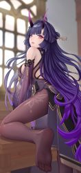 Rule 34 | 1girl, 3d, :o, back, bare shoulders, breasts, chinese clothes, elbow gloves, feet, gloves, hair between eyes, hair ornament, honkai (series), honkai impact 3rd, horns, indoors, long hair, looking at viewer, looking back, no shoes, open mouth, purple eyes, purple gloves, purple hair, purple legwear, raiden mei, raiden mei (herrscher of thunder), sideboob, soles, solo, table, toes, window, youtuou
