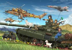Rule 34 | 1boy, 2girls, aircraft, airplane, akm, assault rifle, black footwear, black gloves, black hair, black headwear, blue dress, blue sky, bm-21, boots, braid, brown eyes, brown jacket, brown pants, camouflage, camouflage headwear, camouflage jacket, camouflage pants, cloud, cloudy sky, combat boots, commentary request, cross-laced footwear, cyrillic, dachshund, dark-skinned female, dark-skinned male, dark skin, day, dog, dress, fighter jet, flag, flower, gloves, goat, goggles, goggles on headwear, grass, gun, hair tie, hat, helicopter, helmet, highres, holding, holding weapon, horse, jacket, jet, kalashnikov rifle, leaf, long dress, long sleeves, looking at another, looking at viewer, mi-24, mi-8, mig-21, mikeran (mikelan), military, military hat, military uniform, military vehicle, mongolian people&#039;s army, motion blur, motor vehicle, mountain, multiple girls, multiple others, one eye closed, open mouth, original, outdoors, pants, partial commentary, field cap, pilot, reaching, reaching towards viewer, red neckwear, rifle, roundel, russian text, sitting, sky, sleeves rolled up, smile, star (symbol), sweatdrop, t-72, tank, tank helmet, tank top, twin braids, twintails, uniform, vehicle focus, weapon