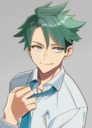Rule 34 | 1boy, adjusting clothes, adjusting necktie, blue necktie, closed mouth, commentary request, etra-chan wa mita!, green eyes, green hair, grey background, hair between eyes, highres, looking away, male focus, necktie, nyako (lhq3p), shirt, simple background, smile, solo, spiked hair, tokusa (etra-chan wa mita!), undercut, white shirt