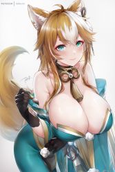 Rule 34 | 1girl, animal ears, bare shoulders, black gloves, blush, breasts, calligraphy brush, cleavage, collarbone, dog ears, dog girl, dog tail, genshin impact, gloves, green eyes, green kimono, hair ornament, hina (genshin impact), japanese clothes, jewelry, kimono, large breasts, light brown hair, long hair, long sleeves, looking at viewer, multicolored hair, neck ring, off shoulder, paintbrush, pom pom (clothes), pom pom hair ornament, rei kun, solo, streaked hair, tail, tassel, white hair, wide sleeves