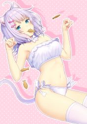 Rule 34 | 1girl, :3, ahoge, aimori meguru, animal ear fluff, animal ears, armpits, bare arms, bare shoulders, blue eyes, bow, bra, breasts, cat ears, cat girl, cat tail, choker, drop shadow, fang, food, hair bow, hands up, highres, light purple hair, lingerie, looking at viewer, medium breasts, mouth hold, navel, original, panties, paw pose, pink background, pink bow, polka dot, polka dot background, ribbon, ribbon choker, short hair, side-tie panties, solo, stomach, striped, tail, taiyaki, thighhighs, thighs, underwear, v-shaped eyebrows, wagashi, white bra, white panties, white ribbon, white thighhighs