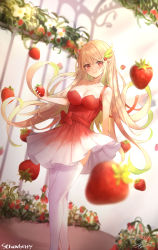Rule 34 | 1girl, absurdres, ahoge, blonde hair, blurry, blurry foreground, blush, breasts, cleavage, closed mouth, collarbone, dress, dutch angle, english text, food, fruit, gradient hair, greenhouse, greyscale, hair ornament, highres, holding, holding food, holding fruit, long hair, machin4719, medium breasts, monochrome, multicolored hair, original, red eyes, single strap, sleeveless, sleeveless dress, smile, solo, standing, strawberry, thighhighs, two-tone dress, very long hair, white thighhighs