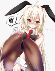 Rule 34 | 1boy, akatsuki (ggsy7885), animal ears, bare shoulders, blonde hair, blush, brown eyes, commentary request, detached collar, fake animal ears, hair between eyes, highres, leotard, looking at viewer, male focus, male playboy bunny, original, pantyhose, playboy bunny, rabbit ears, simple background, sleeveless, solo, trap, white background, wrist cuffs