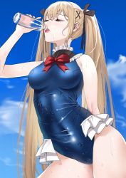 Rule 34 | 1girl, arm up, azur lane, blonde hair, blue eyes, blue one-piece swimsuit, bottle, breasts, covered navel, dead or alive, drinking, closed eyes, frilled swimsuit, frills, hair ornament, hairclip, long hair, marie rose, one-piece swimsuit, ootani nonno, outdoors, ribbon, solo, swimsuit, twintails, very long hair, water, water bottle, wet, wet clothes, wet swimsuit