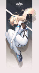 Rule 34 | 1girl, aqua eyes, ass, blonde hair, bodysuit, breasts, fetal position, from side, full body, gloves, gradient background, headgear, highres, hugging own legs, long hair, looking at viewer, looking to the side, medium breasts, original, parted lips, shirousagi uyu, skin tight, solo, swept bangs, very long hair, white bodysuit, white gloves