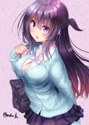 Rule 34 | 1girl, bag, blouse, blue cardigan, blush, braid, breasts, cardigan, collared shirt, dress shirt, fingernails, from side, hair between eyes, hand up, holding, large breasts, long hair, long sleeves, looking at viewer, mokufuu, one side up, open mouth, original, pleated skirt, purple eyes, purple hair, purple skirt, school bag, shirt, sidelocks, skirt, sleeves past wrists, solo, teeth, twitter username, upper teeth only, very long hair, white shirt