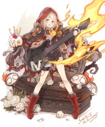 Rule 34 | 1girl, :d, black footwear, boots, brown eyes, brown hair, cake, cake slice, candle, character request, cloak, coffin, commentary request, cross-laced footwear, dress, electric guitar, fire, flower, food, full body, guitar, haku (sabosoda), highres, holding, holding food, holding instrument, hood, hood up, hooded cloak, instrument, lace-up boots, lock, looking at viewer, open mouth, padlock, red cloak, red footwear, rose, sinoalice, smile, socks, solo, standing, teeth, tombstone, torn cloak, torn clothes, upper teeth only, wavy eyes, white background, white dress, white flower, white rose, white socks