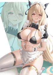 Rule 34 | 1girl, absurdres, alternate costume, apron, azur lane, bikini, black bikini, blonde hair, bow, bowtie, breasts, cleavage, commission, crossed bangs, enmaided, frilled apron, frilled wrist cuffs, frills, heart, heart hands, highleg, highleg bikini, highres, huge breasts, implacable (azur lane), licking lips, long hair, maid, maid headdress, pixiv commission, puffy short sleeves, puffy sleeves, seiza, short sleeves, shrug (clothing), sitting, swimsuit, theblu3jay, thighhighs, tongue, tongue out, white apron, white thighhighs, wrist cuffs