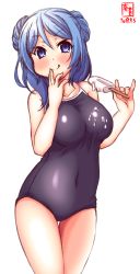 Rule 34 | 1girl, alternate costume, artist logo, black one-piece swimsuit, blue eyes, blue hair, blush, breasts, collarbone, commentary request, competition school swimsuit, competition swimsuit, covered navel, cowboy shot, dated, double bun, dripping, food, highres, kanon (kurogane knights), kantai collection, large breasts, one-piece swimsuit, popsicle, school swimsuit, short hair, simple background, solo, swimsuit, thigh gap, tongue, tongue out, urakaze (kancolle), white background