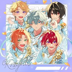 Rule 34 | 1other, 4boys, absurdres, black hair, blonde hair, blue eyes, blush, commentary, earrings, ensemble stars!, fangs, flower, green eyes, grey hair, heidbd, highres, jewelry, knights (ensemble stars!), long sleeves, looking at viewer, lower teeth only, male focus, multiple boys, narukami arashi, necklace, one eye closed, open mouth, orange hair, purple eyes, red eyes, red hair, sakuma rei (ensemble stars!), sena izumi (ensemble stars!), short hair, smile, suou tsukasa, teeth, tsukinaga leo, upper teeth only