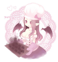 Rule 34 | 1girl, alternate costume, blush, breasts, cleavage, cookie, food, gloves, hat, highres, konatsu miyu, large breasts, league of legends, long hair, long sleeves, morgana (league of legends), open mouth, pointy ears, purple eyes, purple hair, shirt, short sleeves, sinful succulence morgana, skirt, solo, valentine, white hat, white shirt, wings