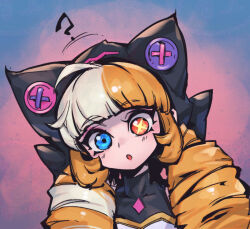 Rule 34 | 1girl, :o, ?, animal ears, blue eyes, blunt bangs, brown hair, covered collarbone, fake animal ears, gwen (league of legends), hood, hood up, league of legends, looking at viewer, multicolored background, official alternate costume, phantom ix row, portrait, red eyes, solo, soul fighter gwen, white hair