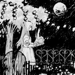 Rule 34 | 1girl, bush, chisato charme, choker, cup, dress, expressionless, fence, flower, from side, full moon, greyscale, half updo, highres, holding, holding tray, iron fence, long dress, long hair, looking ahead, monochrome, moon, night, no mouth, original, outdoors, profile, puffy short sleeves, puffy sleeves, short sleeves, sidelocks, solo, standing, teacup, teapot, tray, tree