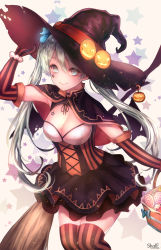 Rule 34 | 1girl, aqua eyes, aqua hair, basket, breasts, broom, candy, capelet, cleavage, dress, elbow gloves, food, gloves, halloween, hat, hatsune miku, highres, jack-o&#039;-lantern, large breasts, long hair, looking at viewer, pumpkin, shale, smile, solo, star (symbol), striped clothes, striped thighhighs, tattoo, thighhighs, twintails, vertical-striped clothes, vertical-striped thighhighs, vocaloid, witch hat