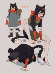 Rule 34 | 1girl, all fours, animal ears, arm guards, arm support, armor, arms at sides, backpack, bag, bare shoulders, barefoot, black hair, black nails, black pants, black shirt, black socks, body fur, boots, brown footwear, brown skirt, cat ears, cat girl, cat tail, character name, clenched hands, coat, covered mouth, crop top, dungeon meshi, fighting stance, fingernails, fur-trimmed footwear, fur-trimmed sleeves, fur trim, grey coat, hands on ground, highres, invisible chair, izutsumi, jitome, knee up, leather armor, long sleeves, looking ahead, looking to the side, midriff, multiple views, no mouth, no shoes, open mouth, pants, prussiancatdog, red scarf, scarf, scarf over mouth, sharp fingernails, sharp toenails, shirt, short hair, simple background, sitting, skirt, sleeveless, sleeves rolled up, slit pupils, smile, socks, standing, tabi, tail, toenails, winter clothes, yellow eyes