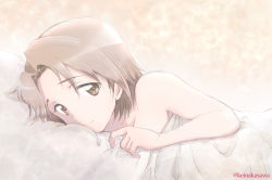 Rule 34 | 1girl, bed sheet, brown eyes, brown hair, closed mouth, commentary, from side, girls und panzer, light smile, looking at viewer, lying, nakasawa kei, nude, on bed, on stomach, parted bangs, sawa azusa, short hair, solo, traditional media, twitter username, under covers