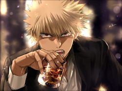 Rule 34 | 1boy, bakugou katsuki, black jacket, blonde hair, blurry, boku no hero academia, cup, depth of field, drinking glass, holding, holding cup, ice, jacket, lens flare, light, male focus, mkm (mkm storage), open mouth, red eyes, shirt, signature, solo, spiked hair, teeth, tongue, white shirt