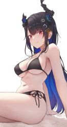 Rule 34 | 1girl, asymmetrical horns, bare shoulders, bikini, black bikini, black hair, blue hair, blush, breasts, colored inner hair, demon horns, hair ornament, highres, hololive, hololive english, horns, large breasts, long hair, looking at viewer, mole, mole under eye, multicolored hair, nerissa ravencroft, red eyes, shironekokfp, solo, sweat, swimsuit, two-tone hair, uneven horns, virtual youtuber