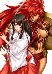 Rule 34 | 2girls, abs, absurdres, big hair, black hair, breasts, eiwa, hand on own hip, headband, highres, japanese clothes, large breasts, long hair, multiple girls, musha miko tomoe, nail polish, purple eyes, queen&#039;s blade, red hair, ribbon-trimmed sleeves, ribbon trim, risty (queen&#039;s blade), risty (queen's blade), scan, shield, sword, tomoe (queen&#039;s blade), tomoe (queen's blade), underwear, very long hair, weapon, wilderness bandit risty