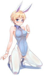 Rule 34 | 10s, 1girl, adapted costume, animal ears, bare shoulders, blonde hair, blue eyes, blue footwear, blush, brave witches, collar, commentary, covered navel, detached collar, fake animal ears, full body, fur trim, high heels, highres, kneeling, konnyaku (kk-monmon), leotard, looking at viewer, nikka edvardine katajainen, pantyhose, playboy bunny, rabbit ears, ribbed leotard, ribbed sweater, shadow, shoes, short hair, simple background, solo, sweater, white background, white pantyhose, world witches series, wrist cuffs