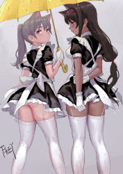Rule 34 | 2girls, animal ears, apron, arms behind back, artist name, ass, black dress, blush, brown hair, cat ears, chinese commentary, commentary request, dark-skinned female, dark skin, dress, feet out of frame, feiqizi (fkey), female focus, fkey, from behind, garter straps, gloves, grey background, hairband, highres, holding, holding umbrella, long hair, looking back, low-tied long hair, maid, maid apron, multiple girls, original, panties, panty peek, petticoat, ponytail, profile, puffy short sleeves, puffy sleeves, red eyes, red hairband, short dress, short sleeves, signature, silver hair, skindentation, standing, thighhighs, thighs, umbrella, underwear, white apron, white gloves, white panties, yellow umbrella