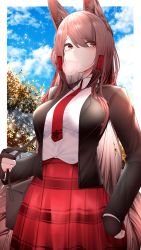 Rule 34 | 1girl, absurdres, akagi (azur lane), animal ear fluff, animal ears, azur lane, black gloves, black jacket, blazer, blue sky, border, breasts, brown hair, brown tail, blowing bubbles, checkered clothes, checkered skirt, chewing gum, clenched hand, cloud, cloudy sky, commentary, cowboy shot, dated commentary, day, food, fox ears, fox girl, fox tail, gloves, hair over shoulder, hair tubes, highres, jacket, kitsune, kyuubi, large breasts, long hair, long sleeves, looking at viewer, multiple tails, necktie, parted lips, partially fingerless gloves, pleated shirt, red eyes, red necktie, red skirt, sakura empire (emblem), samip, school uniform, serafuku, shirt, sidelocks, skirt, sky, slit pupils, solo, symbol-only commentary, tail, tree, vegetation, very long hair, white border, white shirt