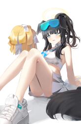 Rule 34 | 1girl, absurdres, animal ears, black hair, blue archive, blue eyes, cheerleader, dog ears, halo, hi i dubu, hibiki (blue archive), hibiki (cheer squad) (blue archive), high ponytail, highres, knees up, looking at viewer, millennium cheerleader outfit (blue archive), panties, parted lips, pom pom (clothes), shoes, simple background, sitting, skirt, sneakers, solo, underwear, white background, white footwear, white panties, white skirt