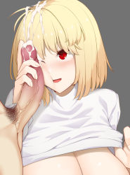Rule 34 | 1boy, 1girl, arcueid brunestud, blonde hair, blush, breasts, censored, cheek press, cleavage, clothed female nude male, clothes lift, commentary request, erection, eyebrows hidden by hair, facejob, gask (architect 2d), grey background, handjob, heart, hetero, highres, huge breasts, large penis, long sleeves, looking at penis, male pubic hair, mosaic censoring, nude, open clothes, open mouth, penis, penis awe, penis grab, penis on face, pointless censoring, pubic hair, red hair, shirt, shirt lift, short hair, smile, solo focus, sound effects, tohno shiki, translation request, tsukihime, tsukihime (remake), upper body, veins, veiny penis, white shirt