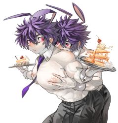 Rule 34 | 2boys, absurdres, animal ears, black pants, cake, cuff links, detached collar, food, groping, highres, incest, large pectorals, looking at another, male focus, multiple boys, necktie, original, pants, parted lips, pectorals, pink eyes, pozon, rabbit boy, rabbit ears, short hair, siblings, simple background, strawberry shortcake, topless male, tray, twins, white background, yaoi