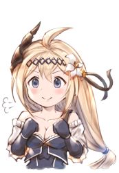 Rule 34 | &gt;:), 1girl, absurdres, ahoge, bad id, bad pixiv id, bare shoulders, black ribbon, blonde hair, blue dress, blue eyes, blue gloves, blush, breasts, cleavage, closed mouth, collarbone, commentary request, detached sleeves, dress, elbow gloves, flower, gloves, granblue fantasy, hair between eyes, hair flower, hair ornament, hair ribbon, highres, horns, jeanne d&#039;arc (granblue fantasy), long hair, long sleeves, low-tied long hair, medium breasts, milli little, ribbon, simple background, smile, solo, transparent background, v-shaped eyebrows, very long hair, white background, white flower