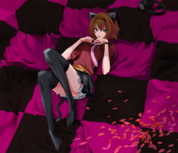 Rule 34 | 1girl, animal ears, black thighhighs, brown hair, cat ears, cherry blossoms, derivative work, headband, lying, miyu (matsunohara), necktie, official alternate costume, on back, parody, rita mordio, short hair, skirt, solo, tales of (series), tales of vesperia, thighhighs, vocaloid, world is mine (vocaloid)