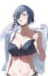 Rule 34 | 1girl, absurdres, blue eyes, bra, breasts, chainsaw man, cleavage, dotthebot, eyepatch, ghost devil (chainsaw man), highres, himeno (chainsaw man), lace, large breasts, navel, open clothes, panties, short hair, smoking, solo, underwear, upper body