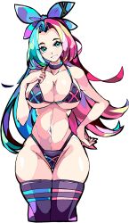 Rule 34 | 1girl, absurdres, bikini, black panties, blue eyes, blue hair, breasts, cowboy shot, enpe, forehead, hair ribbon, happy, highres, large breasts, long hair, looking at viewer, multicolored eyes, multicolored hair, navel, open mouth, original, panties, pink hair, ribbon, simple background, smile, solo, swimsuit, thick thighs, thighs, underwear
