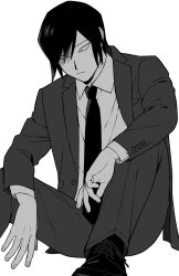 Rule 34 | 1boy, arms on knees, bad id, bad pixiv id, bags under eyes, closed mouth, collared shirt, commentary request, constricted pupils, dress pants, dress shoes, foot out of frame, formal, greyscale, highres, jacket, knees up, light frown, long sleeves, looking down, male focus, midori (rgonkr), monochrome, necktie, odd taxi, open clothes, open jacket, shirt, short hair, sitting, solo, spoilers, suit, suit jacket, yamamoto fuyuki