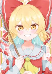 Rule 34 | 1girl, blonde hair, bow, broom, cosplay, detached sleeves, hair bow, hakurei reimu, hakurei reimu (cosplay), highres, holding, holding broom, kirisame marisa, large bow, looking at viewer, nontraditional miko, pink background, red bow, red vest, smile, solo, touhou, vest, white sleeves, yamutarou, yellow eyes
