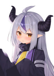 Rule 34 | 1girl, absurdres, ahoge, avant garde (artist), blush, commentary request, demon horns, highres, hololive, horns, la+ darknesss, multicolored hair, o-ring, parted lips, pointy ears, purple hair, silver hair, simple background, sleeves past wrists, streaked hair, virtual youtuber, white background