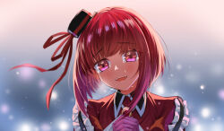 Rule 34 | 1girl, absurdres, aibaihe, arima kana, ascot, blurry, blurry background, blush, bob cut, chinese commentary, collared shirt, commentary request, crying, crying with eyes open, frilled shirt, frills, gloves, hat, highres, idol, idol clothes, inverted bob, light particles, looking at viewer, medium hair, mini hat, mixed-language commentary, open mouth, oshi no ko, own hands clasped, own hands together, pink gloves, red brooch, red eyes, red hair, red shirt, romaji commentary, shirt, solo, sparkle, streaming tears, tears, teeth, upper body, white ascot