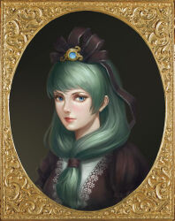 Rule 34 | 1girl, amibazh, blue eyes, bow, closed mouth, dark background, expressionless, faux traditional media, front ponytail, green hair, hair ornament, hair tie, highres, kagiyama hina, lace trim, lips, long hair, looking at viewer, picture frame, portrait, puffy short sleeves, puffy sleeves, red bow, red ribbon, red shirt, ribbon, shirt, short sleeves, solo, touhou