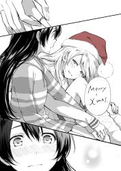 Rule 34 | 10s, 2girls, ayase eli, blush, christmas, comic, commentary request, english text, greyscale, holding hands, hat, highres, holding, holding jewelry, holding ring, hood, hoodie, jewelry, long hair, love live!, love live! school idol project, merry christmas, monochrome, multiple girls, ring, santa hat, sonoda umi, spot color, yukiiti, yuri