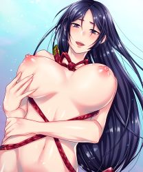 Rule 34 | 1girl, :d, aoi chimaki, black eyes, black hair, blush, breasts, fate/grand order, fate (series), large breasts, long hair, looking at viewer, minamoto no raikou (fate), navel, nipples, nude, open mouth, rope, smile, solo, stomach, upper body, very long hair