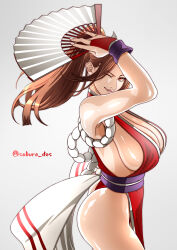 Rule 34 | 1girl, arm guards, ass, bare shoulders, breasts, brown eyes, brown hair, cleavage, fatal fury, folding fan, hand fan, high ponytail, highres, holding, holding fan, japanese clothes, large breasts, long hair, looking at viewer, ninja, pelvic curtain, ponytail, revealing clothes, rope, saburo des, shiranui mai, sideboob, simple background, smile, snk, solo, the king of fighters, thighs