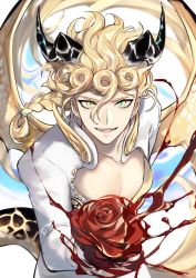 Rule 34 | 1boy, black horns, blonde hair, braid, cleavage cutout, clothing cutout, dragon boy, dragon horns, dragon tail, dragon wings, earrings, flower, giorno giovanna, green eyes, hair between eyes, hair tie, heart cutout, highres, horns, jewelry, jojo no kimyou na bouken, kemonomimi mode, leaning forward, looking at viewer, male focus, multicolored eyes, open mouth, pectoral cleavage, pectorals, rose, single braid, smile, solo, stud earrings, tail, tiyi (tiyi a09), vento aureo, wings, yellow eyes