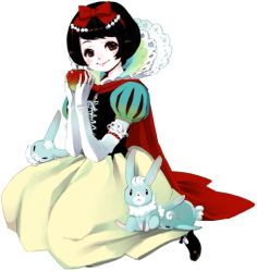 Rule 34 | 1girl, apple, rabbit, cape, disney, food, fruit, kazue kato, puff and slash sleeves, puffy sleeves, red cape, smile, snow white, snow white (disney), snow white and the seven dwarfs, solo