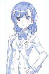 Rule 34 | 1girl, blue eyes, blue theme, blush, bow, bowtie, breasts, closed mouth, commentary request, hair ornament, hairclip, hand on own hip, looking at viewer, misaka mikoto, raika9, school uniform, short hair, simple background, sketch, solo, toaru kagaku no railgun, toaru majutsu no index, white background