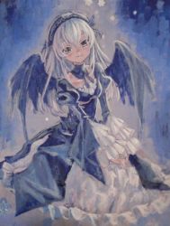 Rule 34 | 00s, 1girl, acrylic paint (medium), ama-tou, brown eyes, dress, frilled dress, frills, gown, hairband, lolita fashion, long hair, long sleeves, painting (medium), rozen maiden, silver hair, sitting, smile, solo, suigintou, traditional media, v arms, wide sleeves, wings