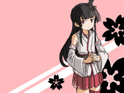 Rule 34 | 1girl, black hair, commentary, cosplay, detached sleeves, english commentary, flat chest, floral background, floral print, fusou (kancolle), fusou kai ni (kancolle), hair ornament, japanese clothes, kantai collection, long hair, one-hour drawing challenge, own hands clasped, own hands together, pleated skirt, red eyes, red skirt, sixten, skirt, solo, standing