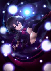 Rule 34 | 1girl, asymmetrical wings, black dress, black hair, black thighhighs, bow, bowtie, chipa (arutana), commentary request, darkness, dress, full body, hair between eyes, houjuu nue, looking at viewer, red bow, red bowtie, red eyes, red footwear, shoes, short dress, short hair, short sleeves, smile, solo, thighhighs, touhou, wings