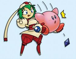 1boy 1girl :d :o ^^^ android armor blue_background blue_eyes blue_gemstone blush blush_stickers chibi commentary crossover english_commentary full_body game_console gem gloves green_hair hat helmet highres holding joints kirby kirby_(series) lifting_person marina_liteyears nintendo nintendo_64 open_mouth red_footwear retro_artstyle robot robot_joints shaking short_hair smile sopessbm standing super_smash_bros. surprised yuke_yuke!!_trouble_makers